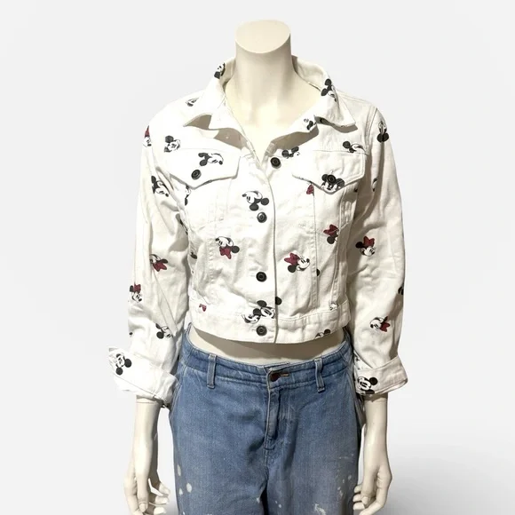 Disney Mickey & Minnie Mouse White Denim Crop Top Jacket Small - Picture 7 of 9